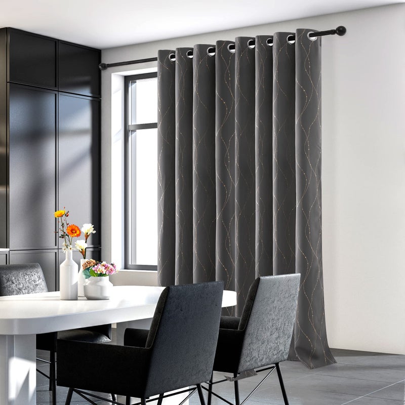Deconovo Blackout Curtains 2 Panels for Bedroom and Living Room, Gold Foil Wave Lines and Dots, Thermal Insulated Room Darkening Grommet Window Drapes for Nursery and Kids Room, Grey, 52W x 84L Inch - Image 2